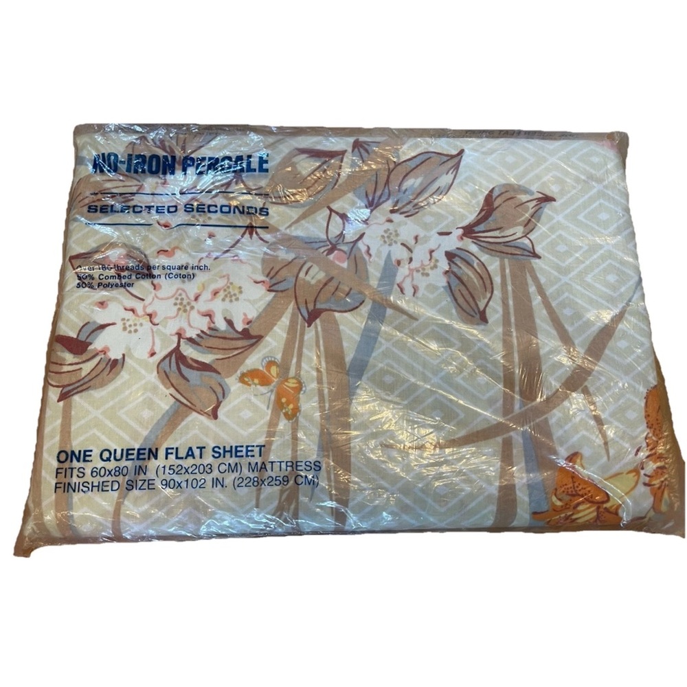 🆕Vintage 1970s Floral Queen Flat Sheet NOS no iron percale 50/50 cotton poly